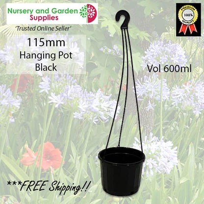 115mm Hanging Basket Pot Black (Pot & Hanger)