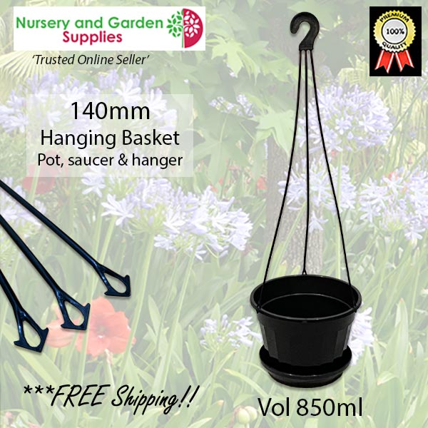 140mm Hanging Basket Black (Pot, Saucer & Hanger)