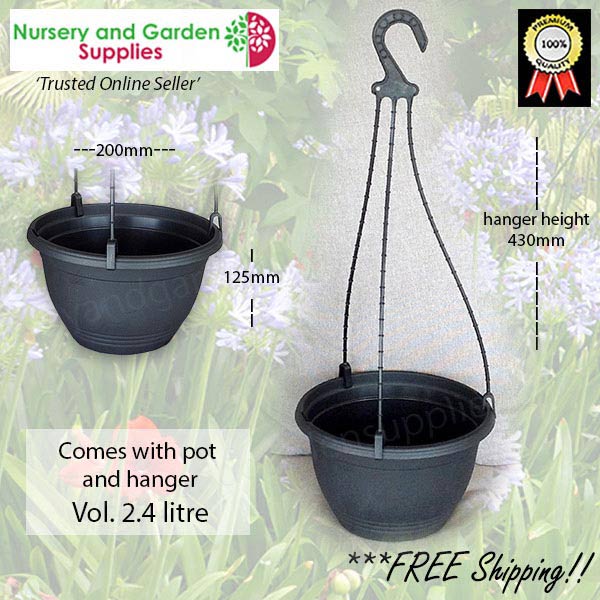 200mm Hanging Basket Black saucerless (Pot & Hanger)