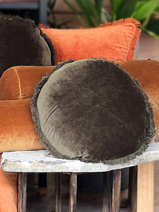 Velvet round fringed cushion