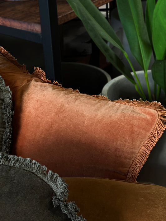 Velvet Bolster Fringed Cushion