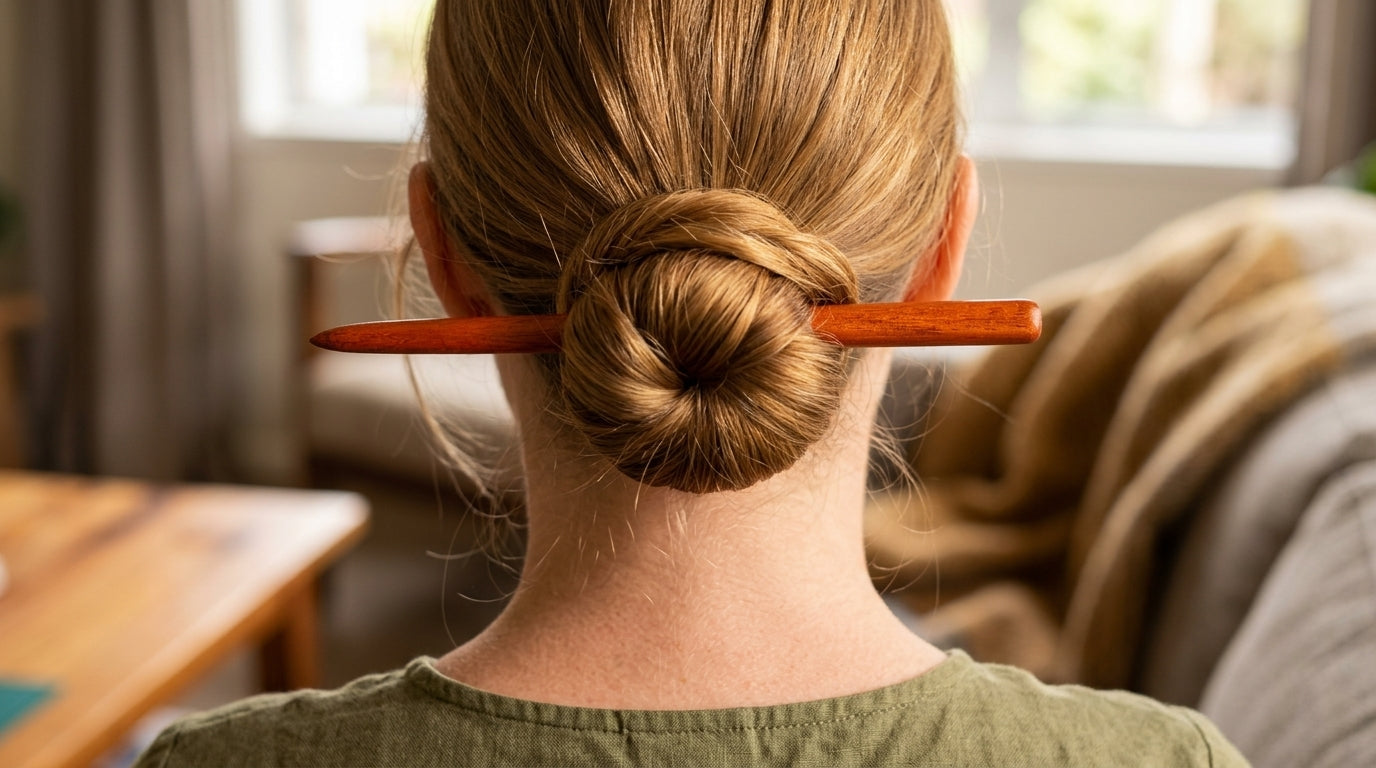 Handcrafted Premium Mahogany Wood Hairpin (Reddish-Orange Variation)