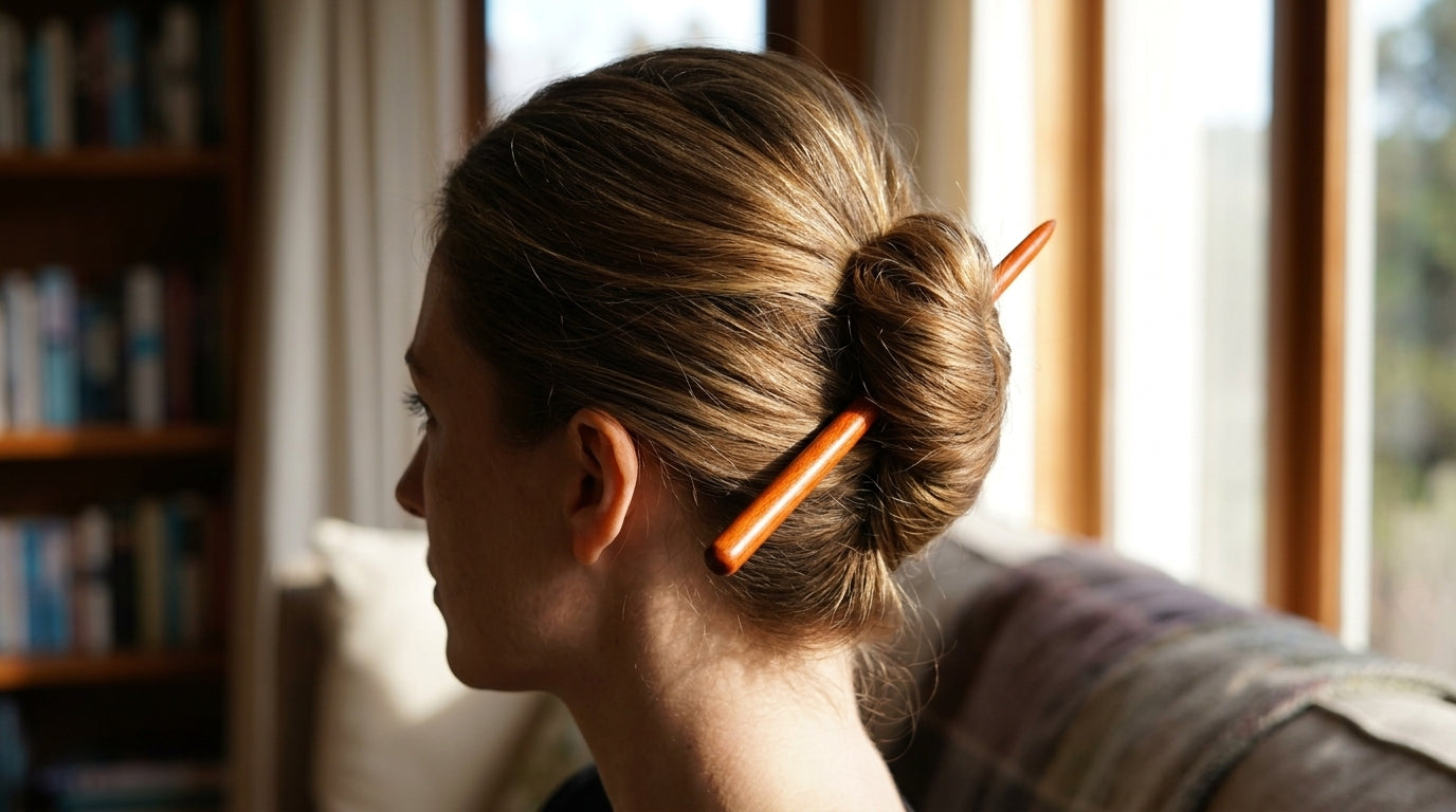 Handcrafted Premium Mahogany Wood Hairpin (Reddish-Orange Variation)